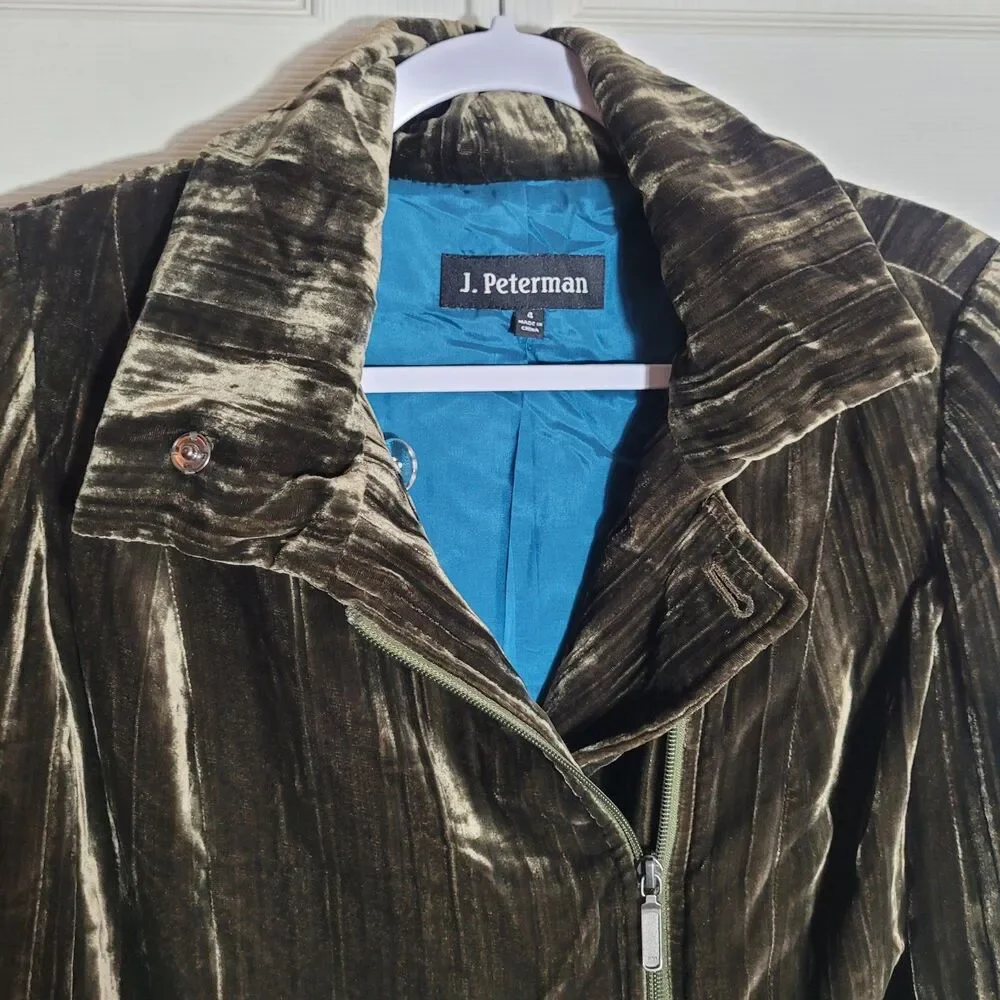 J. Peterman Velvet Moto Jacket Women's Sz 4 Green Rayon Silk Blend Formal Career